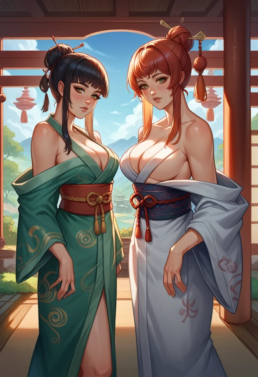 3 sexy sultry, 3 Geisha, 3 sexy girls, bangs hair, sexy girl, sexy kimono, erotic art, shinto divinity, dojo temple, beautiful landscape