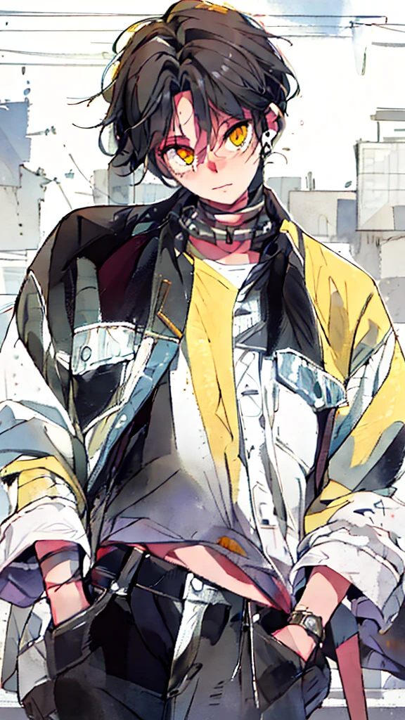 ((best quality, masterpiece)), 
One girl, black messy hair, white on background, yellow eyes, , happy,
