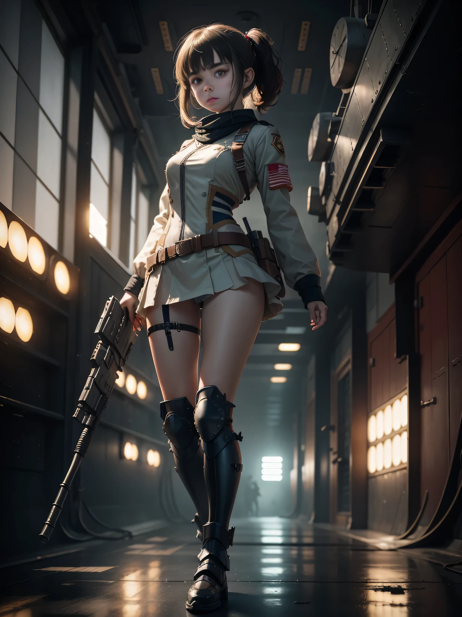 Destroyed aircraft carrier, russian girl , russian anime girls , Russian ,  Full body composition of young girl with messy short dark hair, eye make up, 13 year old,  
Soft lighting, Solo,, badges, Pose, Blotch color, Octane Render, Hyperrealistic intricate detail, Cinematic, 8K resolution, 70mm, Accent Lighting, Global Illumination, 
Full body portrait, clean detailed faces, poneyTail,Cute face,, Slim legs,Combat Armor,long court,Battleship Deck,
