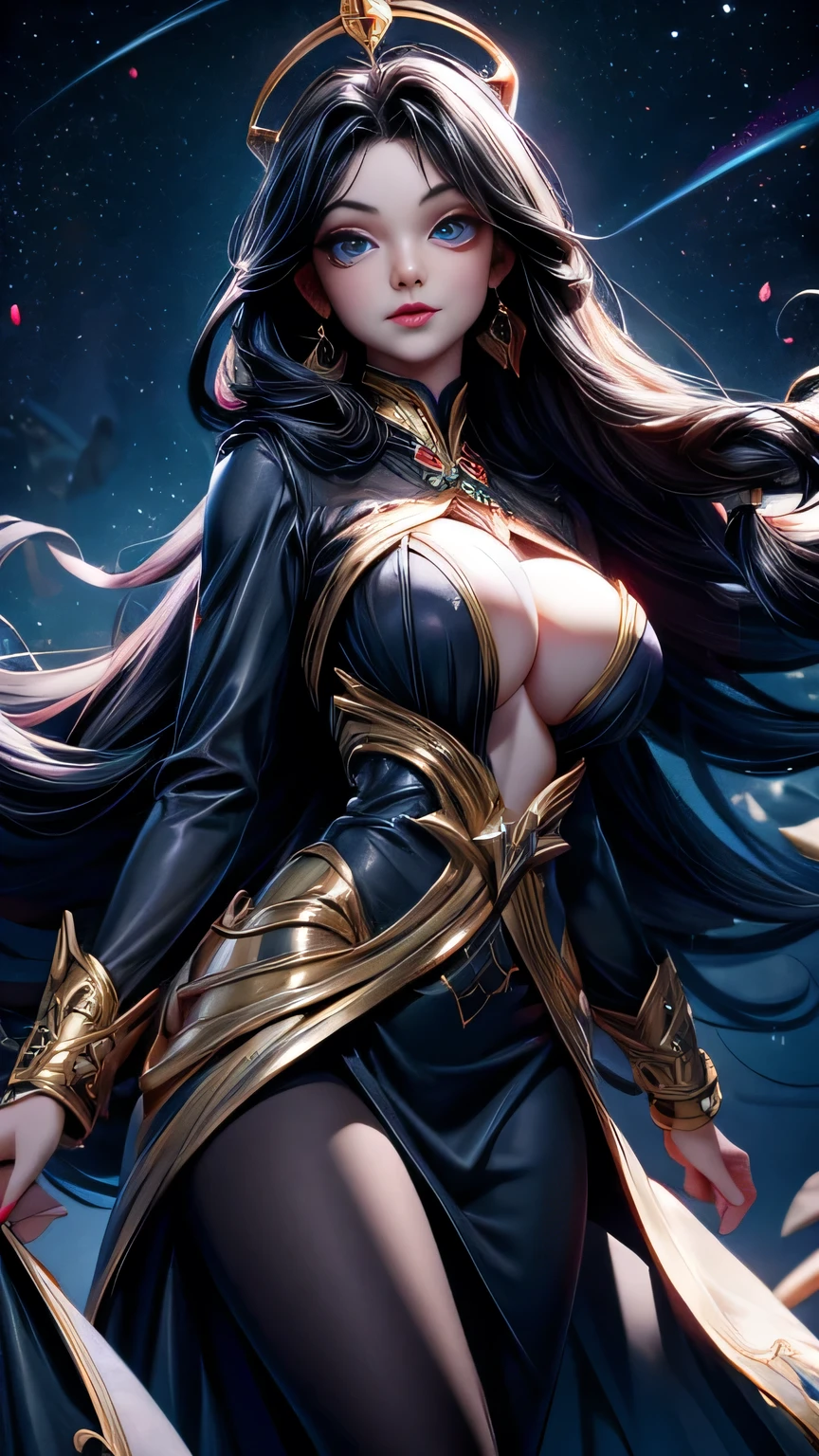 ((sureal image))((tall, beautiful, gorgeous, majestic, magical, celestical goddess of the night)) ((seductivee)) ((pale skin)) ((blue eyes)), ((dark eyeshadows make up)) ((red lips)) ((very long black hair, glowing hair)) ((big breast:1.5)) ((skinny body:1.3)) ((war thight full bodylong dress, long sleeves with ornaments decoration)) ((black stocking, jewelry)) ((seductive pose, floating above floor inside celestial metaphysic space)) ((divine and magical aura around her)) ((gold crown of light above head)) ((magic particles floating around)) ((high definition:1.5), ((masterpiece:1.5))((8k:1.5)) ((Best quality:1.4)), more_details:-1, more_details:0, more_details:0.5, more_details:1, more_details:1.5,