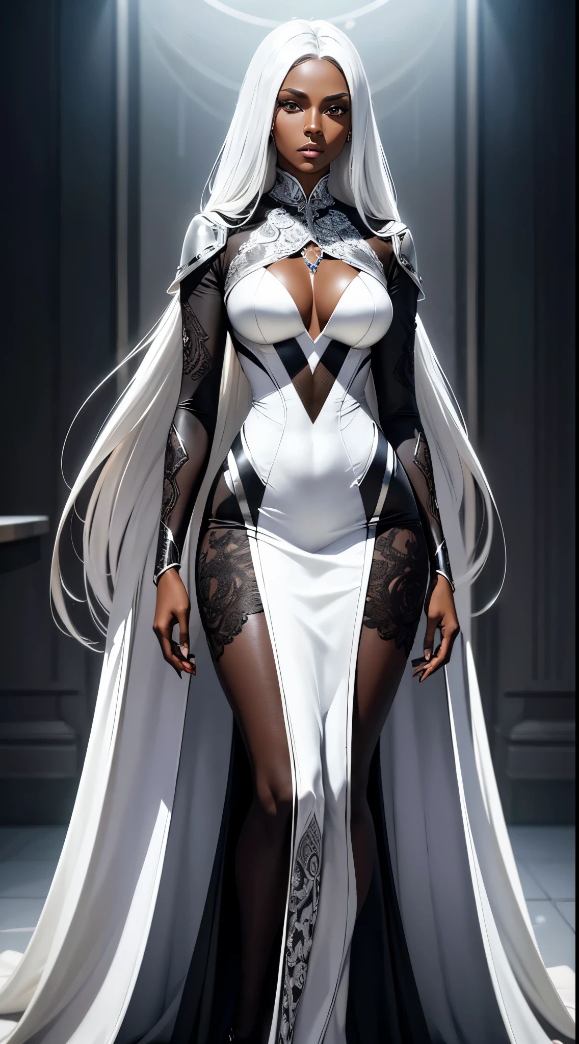 a beautiful dark-skinned woman, elegant futuristic haute couture dress, intricate silk lace details, chrome silver accessories, neutral flat colors, bright white studio lighting, divine long white hair, 8k, ultra-detailed, masterpiece, professional, physically-based rendering, vivid colors