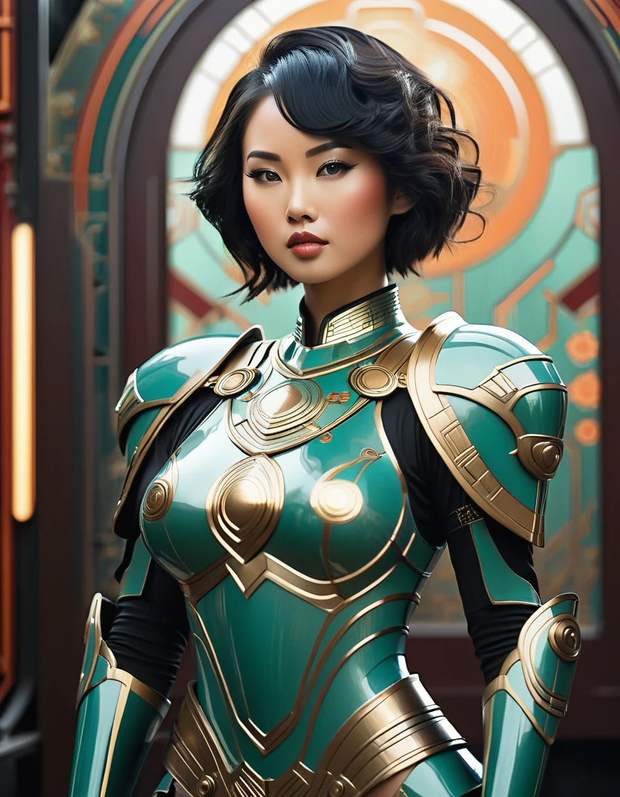 beautiful busty Asian woman sci-fi future art deco armor