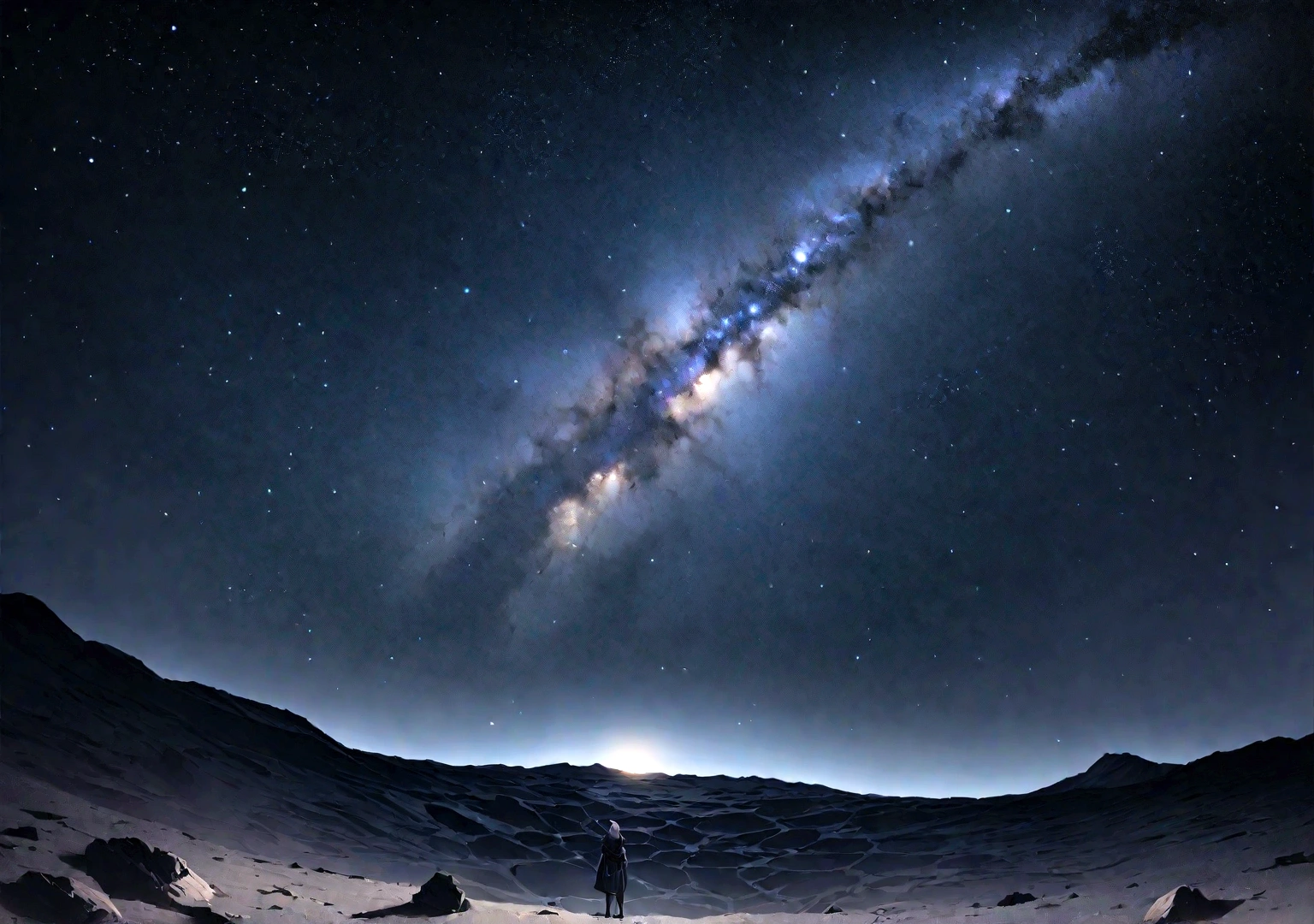 Master pieces、Superior quality、Superior image quality、8k quality、Beautiful images of the starry sky.、magnificent、Arched Milky Way:1.9、lunar surface、crater