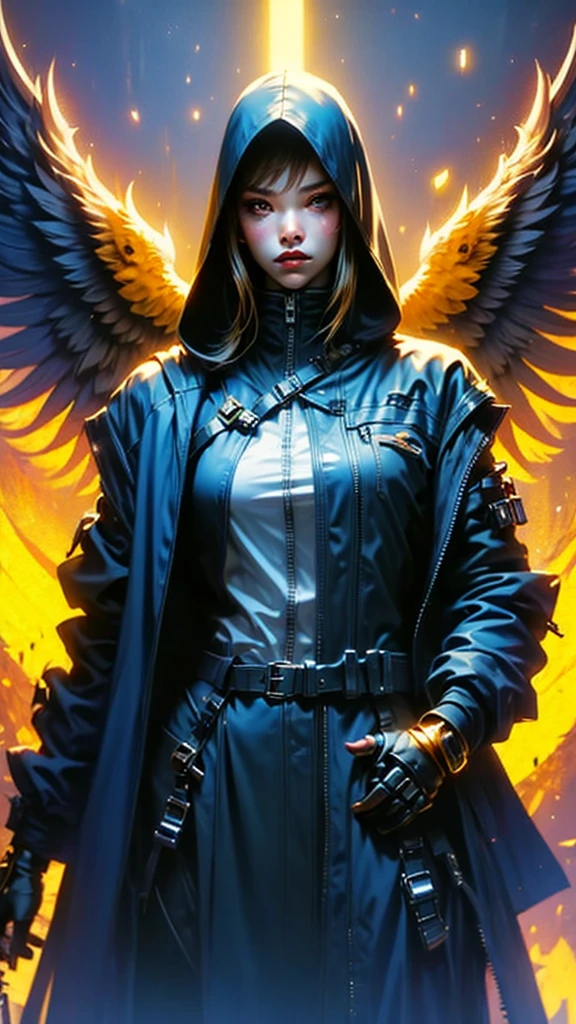 Golden armored angel, wings made of energy, metallic halo, with no face, hooded, gold, fancy, conceptual artwork, ultra realistic, Character art by Greg Rutkowski