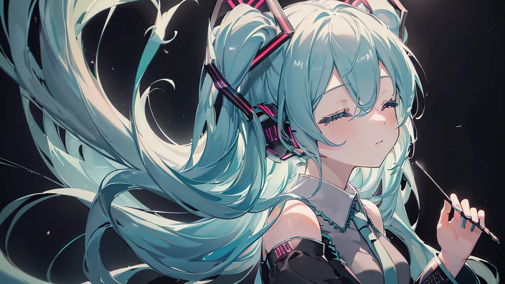 ((Black background)), (Eyes closed)), (((Hatsune Miku))), (((Highest quality、masterpiece、Ultra-fine、Ultra-fine、Exquisite、16K、Full HD,high school girl,))) 、(((profile、Looking up))),Long eyelashes、White skin、(thin and long)、 ((cute)) ((One person)) 、night