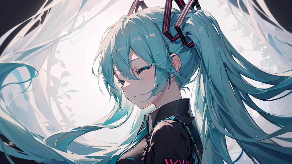 ((Black background)), (Eyes closed)), (((Hatsune Miku))), (((Highest quality、masterpiece、Ultra-fine、Ultra-fine、Exquisite、16K、Full HD,high school girl,))) 、(((profile、Looking up))),Long eyelashes、White skin、(thin and long)、 ((cute)) ((One person)) 、night