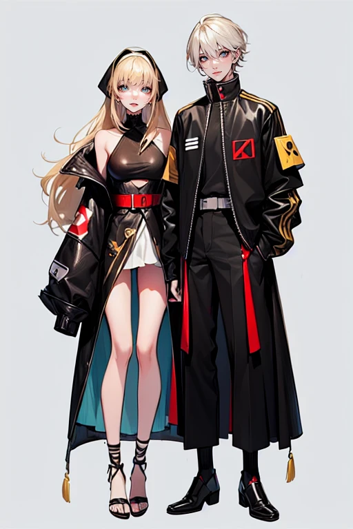 (tall man, (man is taller than me woman) messy black-haired man wearing a sexy space outfit.),(a thin woman, long blonde hair, green eyes, wearing sexy space outfit) best quality, adorable, ultra-detailed, illustration, complex, detailed, extremely detailed, detailed face, soft light, soft focus, perfect face. illustration. two people: couple in a comic strip. Full body, friends, Big gundam in the background