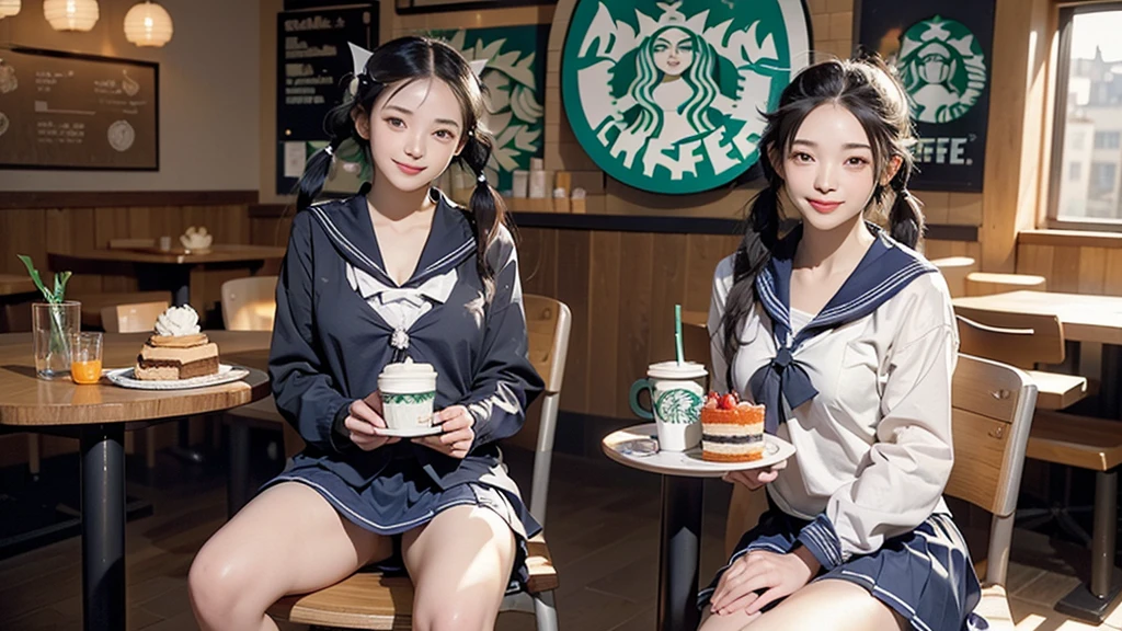 (masterpiece:1.2, Highest quality), (Realistic, photoRealistic:1.4), Beautiful illustrations,
View your viewers, avert your eyes, whole body,
1 Girl, Japanese, high school girl, (Long Hair:1.4), bLong Hair, (Twin tails:1.7), Large Breasts:0.8, White skin、Beautiful Hair, Beautiful Face, Beautiful attention to detail, Beautiful clavicle, Beautiful body, Beautiful breasts, Beautiful thighs, Beautiful feet,
(Beautiful views), , classroom, machine, Chair,
((cute , Long sleeve, Pleated skirt, Sailor collar, scarf)), White panties, shoes,
Sitting, Chairに座る,
(魅惑的なsmile, Embarrassing, Trembling),
(((((Inside the Starbucks store、16 year old girl in sailor suit)))))、((((Eat cake、Drink coffee、smile))))、Heart Necklace(((Emphasize cleavage)))
(whole body写真)