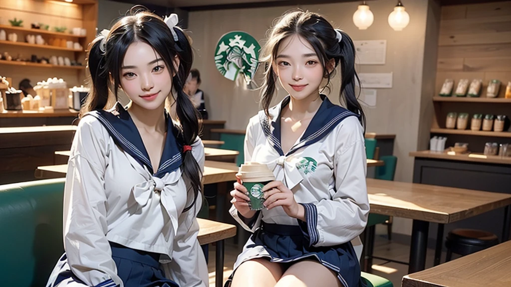 (masterpiece:1.2, Highest quality), (Realistic, photoRealistic:1.4), Beautiful illustrations,
View your viewers, avert your eyes, whole body,
1 Girl, Japanese, high school girl, (Long Hair:1.4), bLong Hair, (Twin tails:1.7), Large Breasts:0.8, White skin、Beautiful Hair, Beautiful Face, Beautiful attention to detail, Beautiful clavicle, Beautiful body, Beautiful breasts, Beautiful thighs, Beautiful feet,
(Beautiful views), , classroom, machine, Chair,
((cute , Long sleeve, Pleated skirt, Sailor collar, scarf)), White panties, shoes,
Sitting, Chairに座る,
(魅惑的なsmile, Embarrassing, Trembling),
(((((Inside the Starbucks store、16 year old girl in sailor suit)))))、((((Eat cake、Drink coffee、smile))))、Heart Necklace(((Emphasize cleavage)))
(whole body写真)