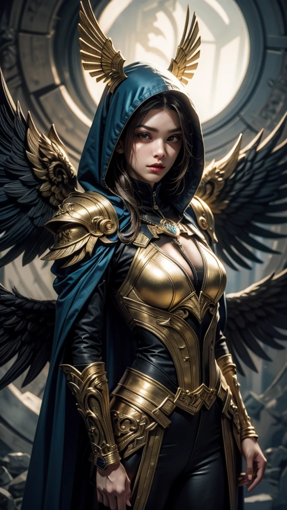 a golden armored angel, wings made of energy, metallic halo, faceless, hooded, gold, fantasy, concept art, ultra realistic, character art by Greg Rutkowski, best quality, 4k, 8k, highres, masterpiece:1.2, ultra-detailed, realistic, photorealistic, photo-realistic:1.37, HDR, UHD, studio lighting, ultra-fine painting, sharp focus, physically-based rendering, extreme detail description, professional, vivid colors, bokeh