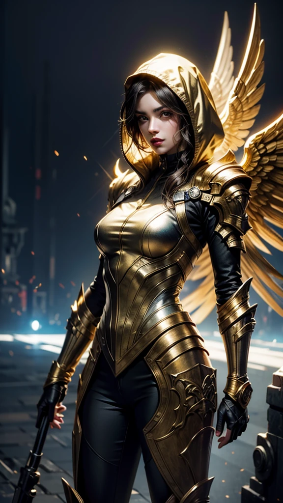 a golden armored angel, wings made of energy, metallic halo, faceless, hooded, gold, fantasy, concept art, ultra realistic, character art by Greg Rutkowski, best quality, 4k, 8k, highres, masterpiece:1.2, ultra-detailed, realistic, photorealistic, photo-realistic:1.37, HDR, UHD, studio lighting, ultra-fine painting, sharp focus, physically-based rendering, extreme detail description, professional, vivid colors, bokeh