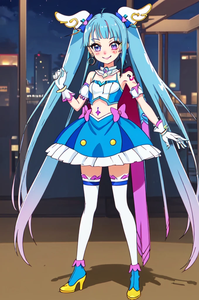 (Highest quality:1.4), (masterpiece:1.4), (High resolution:1.2), (Very detailed:1.2), 1 Girl, alone, smile, Looking at the audience, Are standing, Cure Sky, Wing hair ornament, In the background office, night,、Micro Mini Skirt、Absolute area、Thigh-high socks、Cowboy Shot、tattoo, High heels, (Dark purple lipstick、Purple lips)Absolute area、レザーMicro Mini Skirt、Browsing Caution、(Shaved pussy, (下腹部のtattoo:1.5), (スペードtattoo:1.5), (belly button: 1.1), (Expressionless: 1.3), (Are standing: 1.3), sleeve, collar, latex, Legwear, High heels, ribbon, Harness, (Chest jewels, Side cut-outs, Waist cutout, belly buttonの切り欠き, Gastrotomy, Detailed Background, View Audience,High heels, Absolute area、Browsing Caution、, ,)), Cowboy Shot、Expressionless、Earrings、Bodycon, blush, eyelash, Cleavage, belly button, Face Focus, With an evil smile, Grin, corruption, (O-ring), (Shiny Gossy Skin:1.2), choker, jewelry, Earrings, necklace, Knee socks, Arms at your sides, Elbow Groove, In the background office, night,