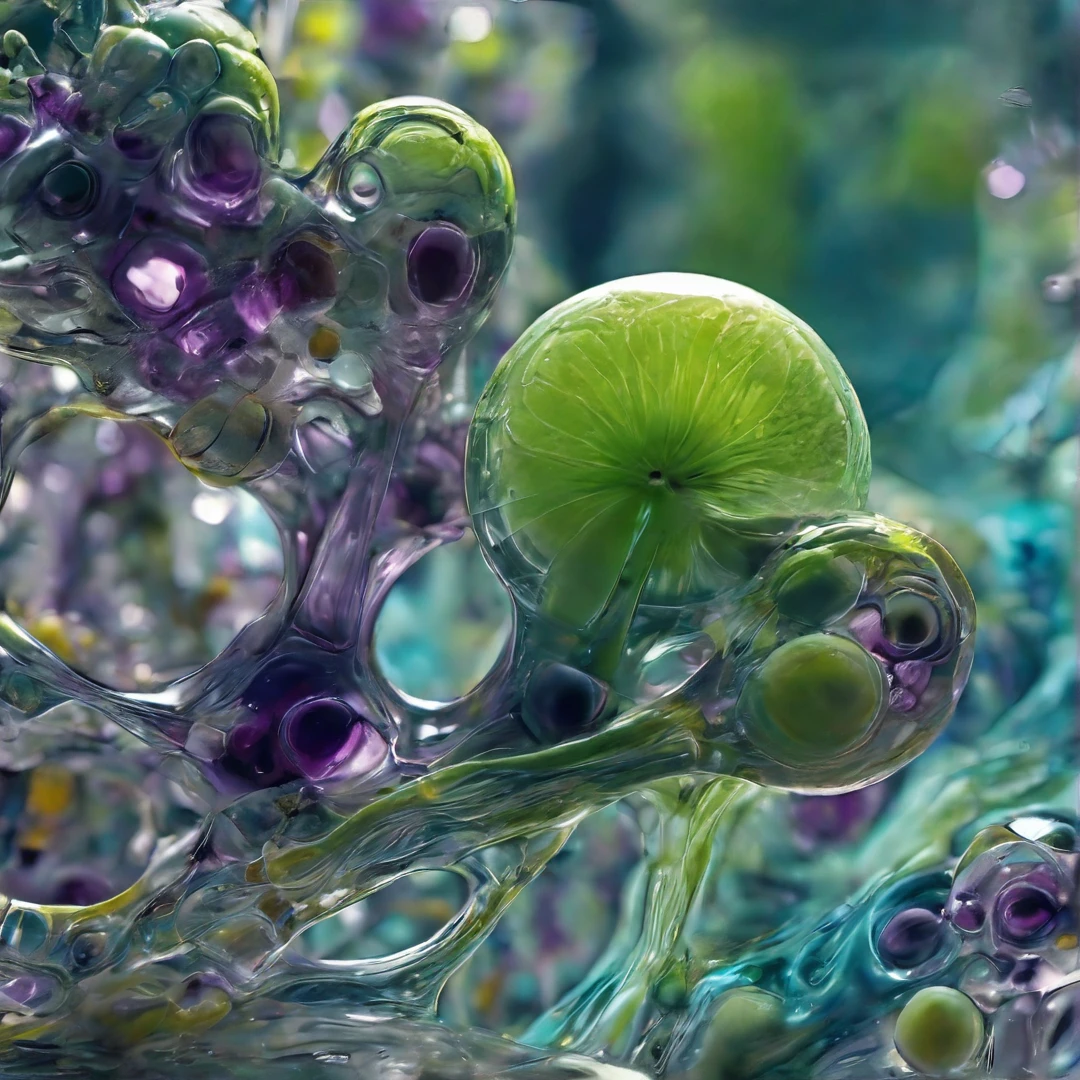 microscopic imaging, oddly satisfying, photograph of a bluish colored molecule, helix-shaped molecule, geometric forms,greenish liquid background, photo realist, microscopic photography, fluctuations of energy flows, transformations of materials and states, compressions gradient transitions, liquid time, advanced chemistry, futuristic, green and purple colors, bluish, intense colors, cinematographic, incredible