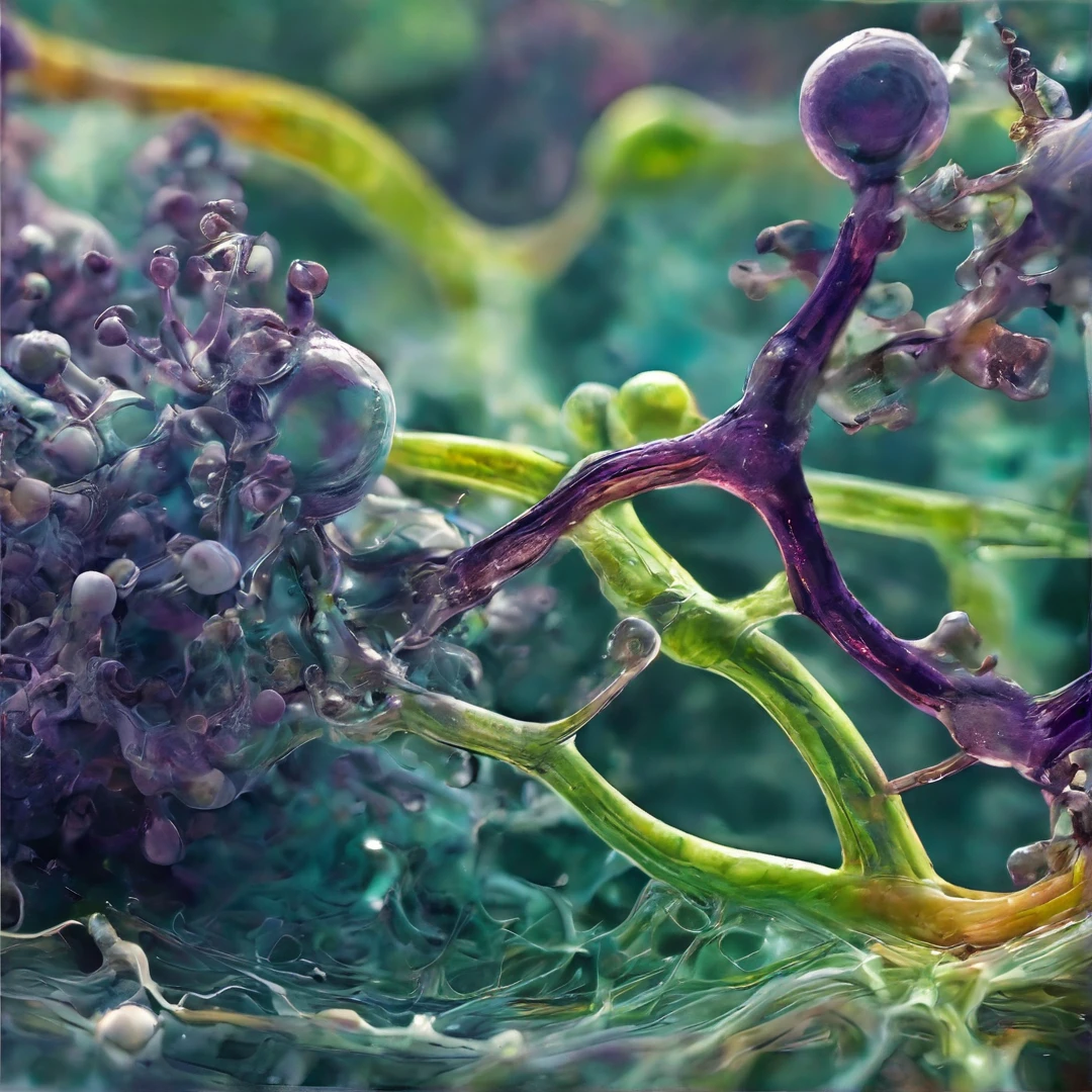 microscopic imaging, oddly satisfying, photograph of a bluish colored molecule, helix-shaped molecule, geometric forms,greenish liquid background, photo realist, microscopic photography, fluctuations of energy flows, transformations of materials and states, compressions gradient transitions, liquid time, advanced chemistry, futuristic, green and purple colors, bluish, intense colors, cinematographic, incredible