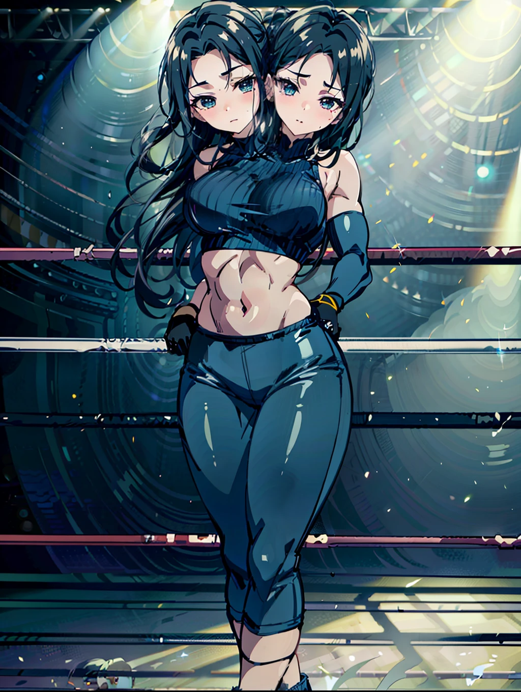 masterpiece),(ultra-detailed), (high quality), (high resolution), (best quality:1.5, highres, UHD), highres, absurdo, ultra detail, ultra quality, Ultra resolution, 16k, ((2heads:1.5)), 1girl, ((anime girl with two heads)), ((black hair)), ((female wrestler)), ((blue crop top)), exposed midriff, blue hot pants, wrestling ring, wrestling, ((blue outfit)), sexy wrestler