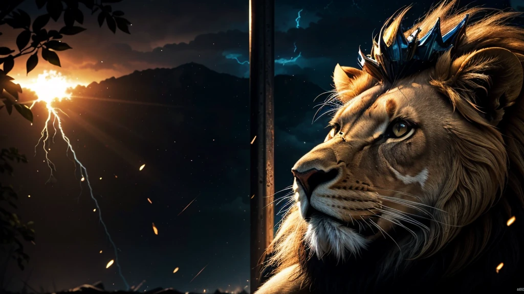 Lion, Divine Lion, natural, Thunder Azul, Realistic Lion, rey, realistic detailed, realistic detailed 16K, Eletricidade Detalhada 8K, Texturas realistas de 8K, Cores photorrealistic 8K, fire azul, realistic detailed Fire Bolt, Black and Blue Power, Power of Thunder, Realistic Divine, gold Crown, golden crown, Golden Crown, naturey, Linda, Rendering, photorrealistic, UltraHigh definition, 4K, detailed textures, Thunder, detailed shadows, detailed colors, neon blue, blue light, lightning strikes, blue power, naturey Linda, Great Divine, blue light, Thunder Azuls, King Crown, lightning strike, Electric Power Screw, detailed contrast, realistic contrast, high resolution, detailed colors, fire, villany, divine creature, 8K, realistic detailed, 16K, 8K, High definition, detailed contrast, realistic contrast, high resolution, detailed colors, fire, 8K Realistic Sunset, villany, divine creature, 8K Realistic Lion Face, realistic detailed, chic,