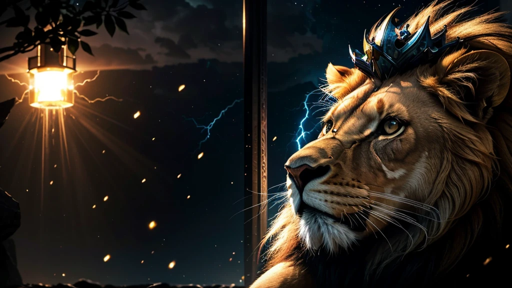 Lion, Divine Lion, natural, Thunder Azul, Realistic Lion, rey, realistic detailed, realistic detailed 16K, Eletricidade Detalhada 8K, Texturas realistas de 8K, Cores photorrealistic 8K, fire azul, realistic detailed Fire Bolt, Black and Blue Power, Power of Thunder, Realistic Divine, gold Crown, golden crown, Golden Crown, naturey, Linda, Rendering, photorrealistic, UltraHigh definition, 4K, detailed textures, Thunder, detailed shadows, detailed colors, neon blue, blue light, lightning strikes, blue power, naturey Linda, Great Divine, blue light, Thunder Azuls, King Crown, lightning strike, Electric Power Screw, detailed contrast, realistic contrast, high resolution, detailed colors, fire, villany, divine creature, 8K, realistic detailed, 16K, 8K, High definition, detailed contrast, realistic contrast, high resolution, detailed colors, fire, 8K Realistic Sunset, villany, divine creature, 8K Realistic Lion Face, realistic detailed, chic,