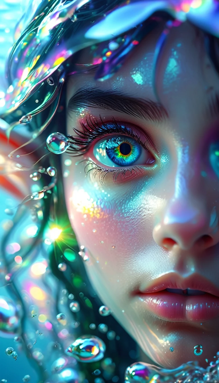 lose macro photo shot of an eye of an elf girl, Seeing the underwater world, mirroring, hyperrealistic, colorful, cinematic lighting, in the style of realistic and hyper-detailed renderings, contoured shading, extreme iridescent reflection, overexposure, high brightness, shimmer pearly color