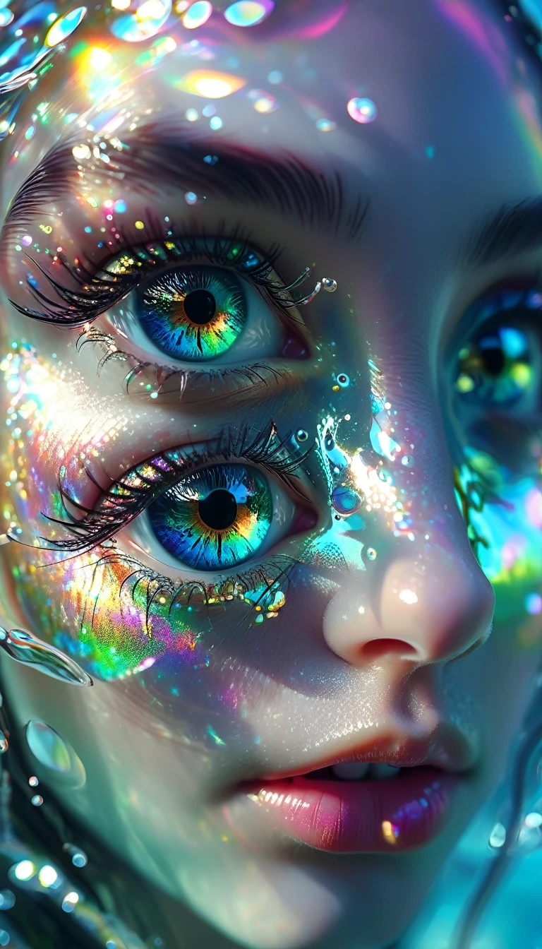 lose macro photo shot of an eye of an elf girl, Seeing the underwater world, mirroring, hyperrealistic, colorful, cinematic lighting, in the style of realistic and hyper-detailed renderings, contoured shading, extreme iridescent reflection, overexposure, high brightness, shimmer pearly color