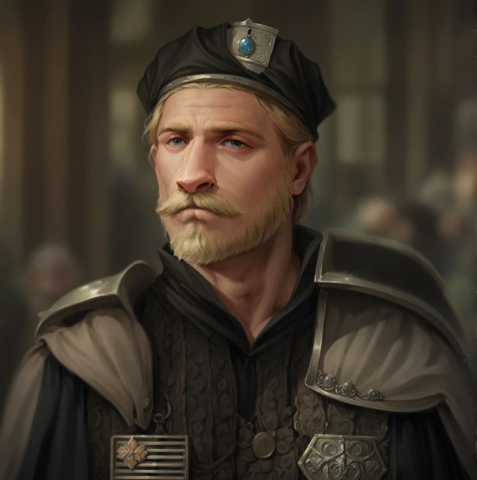 highly detailed analog photo of a noble (man), solo, blonde hair, 1boy, jewelry, closed mouth, male focus, blurry, facial hair, portrait, mustache, embroidered vest, horse, shoulder armor, (realistic:1.3) (blurry background:1.1), (medieval street:1.2) masterpiece, best quality, 8k, motion blur, intricate details, depth of field, (analogue photography:1.1), (natural light:1.4), as photographed by richard avedon,