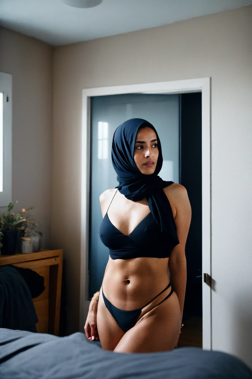 RAW photo,dark,moody,hazy atmosphere,35mm focal lenght,underexposed,cold,candid photograph,artistic,full body,photo of a beautiful,influencer,30yo Moroccan woman,hijab,detailed skin,fully naked, pubes,looking at viewer, thick body structure,grey background,no background, candid pose,dim room,blue light, film grain, kodak color, instagram LUT