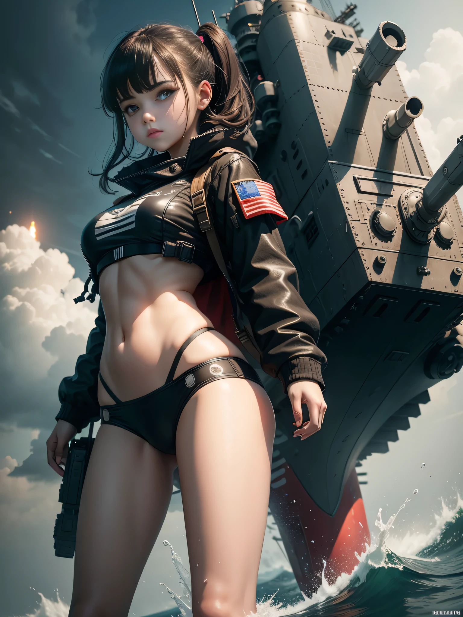 Destroyed aircraft carrier, russian girl , russian anime girls , Russian , Full body composition of young girl with messy short dark hair, eye make up, ,
Soft lighting, Solo,, badges, Pose, Blotch color, Octane Render, Hyperrealistic intricate detail, Cinematic, 8K resolution, 70mm, Accent Lighting, Global Illumination, bikini
Full body portrait, clean detailed faces, poneyTail,Cute face,, Slim legs,Combat Armor,long court,Battleship Deck,