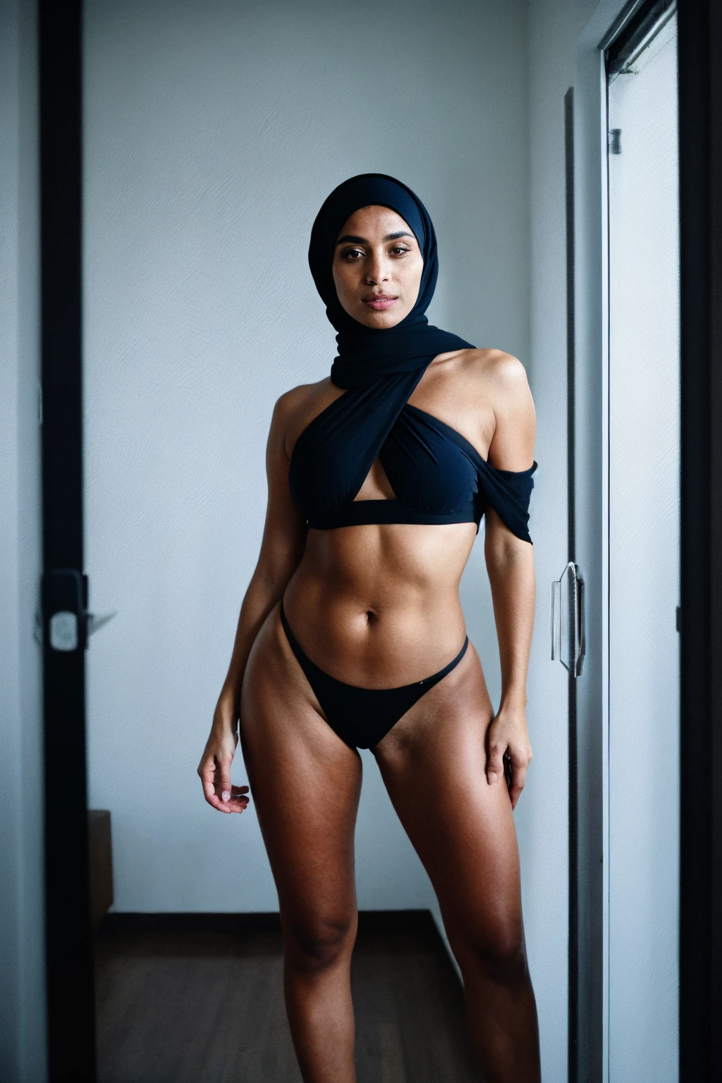 RAW photo,dark,moody,hazy atmosphere,35mm focal lenght,underexposed,cold,candid photograph,artistic,full body,photo of a beautiful,influencer,30yo Moroccan woman,hijab,detailed skin,fully naked, pubes,looking at viewer, thick body structure,grey background,no background, candid pose,dim room,blue light, film grain, kodak color, instagram LUT