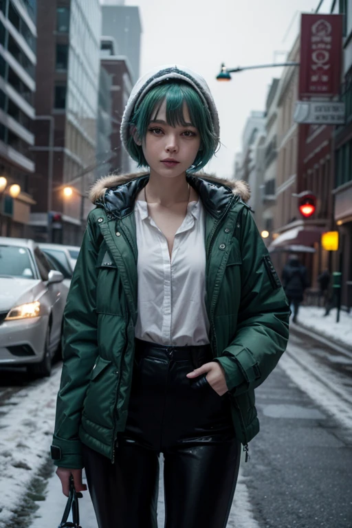 1 European girl, looking at viewer, cute short hair, messy hair, smile, closed mouth, beautiful legs, tall woman, slender legs, alone, huge chest, facing you, black pants, ass, big suit, white shirt , holding coffee cup, jk ribbon around neck, all green hair, blue hair, bracelet, bangs, parted lips, Winter Clothing, winter jacket hood, alone, street, city, snow, blizzard