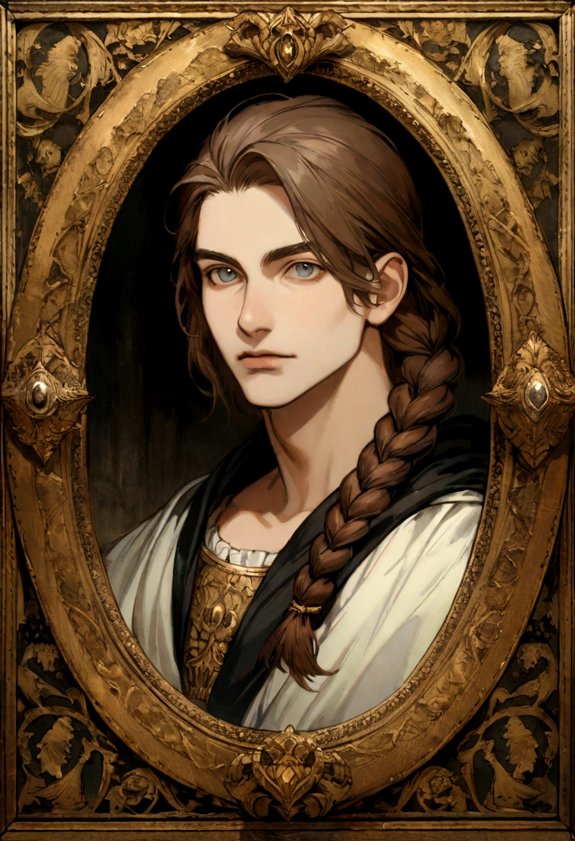 painting, elden ring, portrait art, young man in robe, scholar, brown hair with waist-length braid, no beard, medieval era fantasy