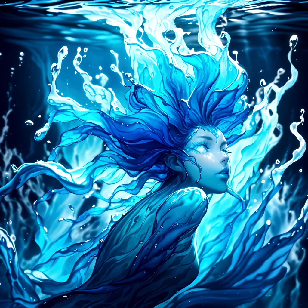 a genasi made of water, woman with water-like skin and flowing blue hair, beautiful detailed eyes, beautiful detailed lips, extremely detailed face, long eyelashes, graceful pose, underwater scene, glowing bioluminescent plants, ethereal lighting, cinematic, dramatic, vibrant colors, fantasy, digital painting, 8k, hyper detailed, masterpiece