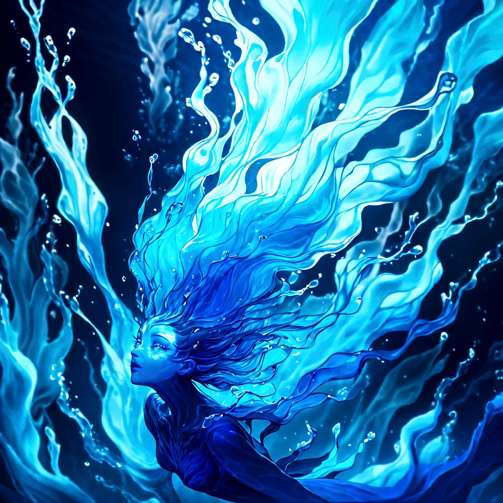 a genasi made of water, woman with water-like skin and flowing blue hair, beautiful detailed eyes, beautiful detailed lips, extremely detailed face, long eyelashes, graceful pose, underwater scene, glowing bioluminescent plants, ethereal lighting, cinematic, dramatic, vibrant colors, fantasy, digital painting, 8k, hyper detailed, masterpiece