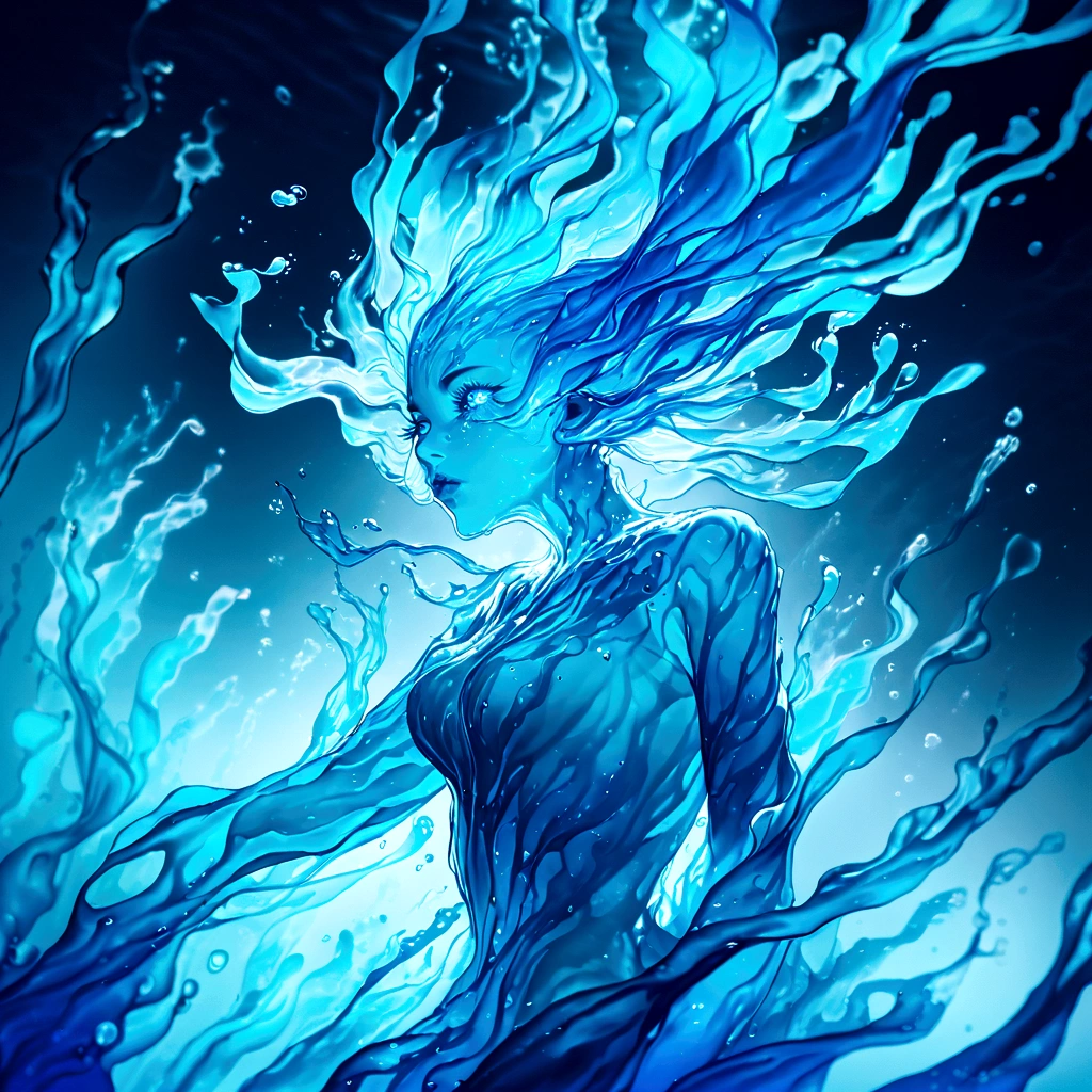 a genasi made of water, woman with water-like skin and flowing blue hair, beautiful detailed eyes, beautiful detailed lips, extremely detailed face, long eyelashes, graceful pose, underwater scene, glowing bioluminescent plants, ethereal lighting, cinematic, dramatic, vibrant colors, fantasy, digital painting, 8k, hyper detailed, masterpiece