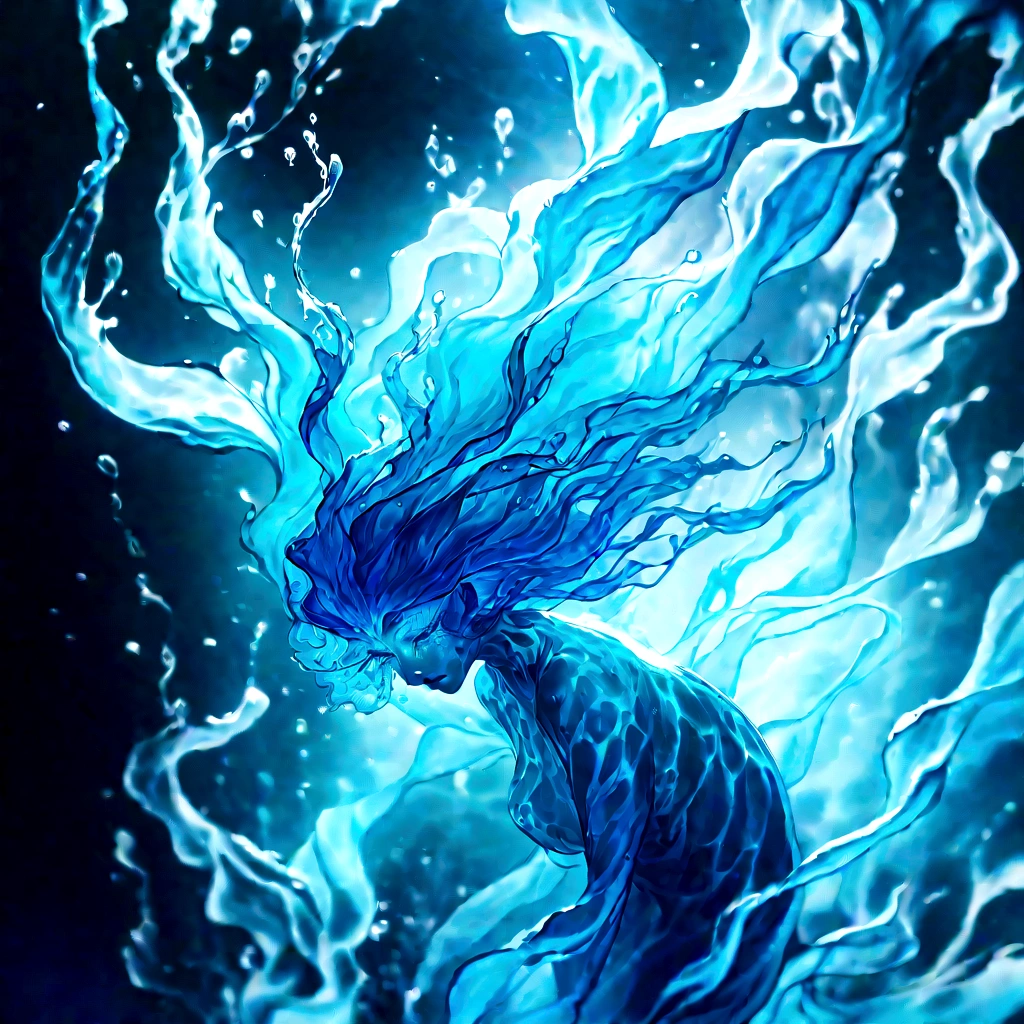 a genasi made of water, woman with water-like skin and flowing blue hair, beautiful detailed eyes, beautiful detailed lips, extremely detailed face, long eyelashes, graceful pose, underwater scene, glowing bioluminescent plants, ethereal lighting, cinematic, dramatic, vibrant colors, fantasy, digital painting, 8k, hyper detailed, masterpiece