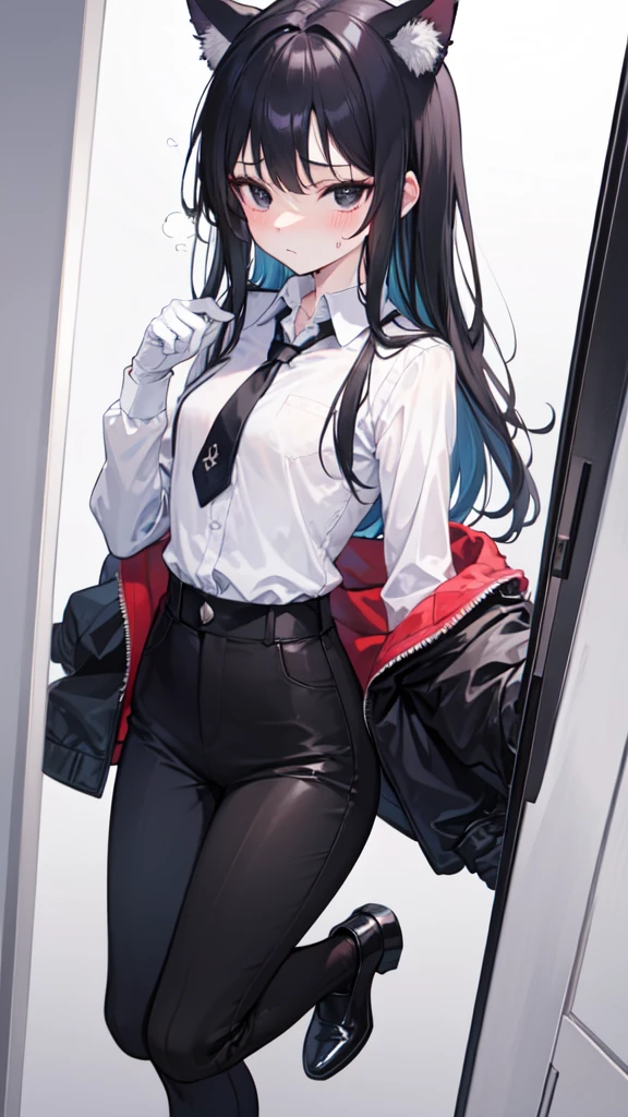 18-year-old Shota,cute,Wear a white long-sleeved shirt and a black work tie,Wear black pants,Wear black booties,Wear white gloves,wear cat ear,Black hair,Black eyes,Very thin waist,Very thin legs,Handsome,Disdainful and cold expression,shy,blush,Sweating,porn,Is giving sexual assault