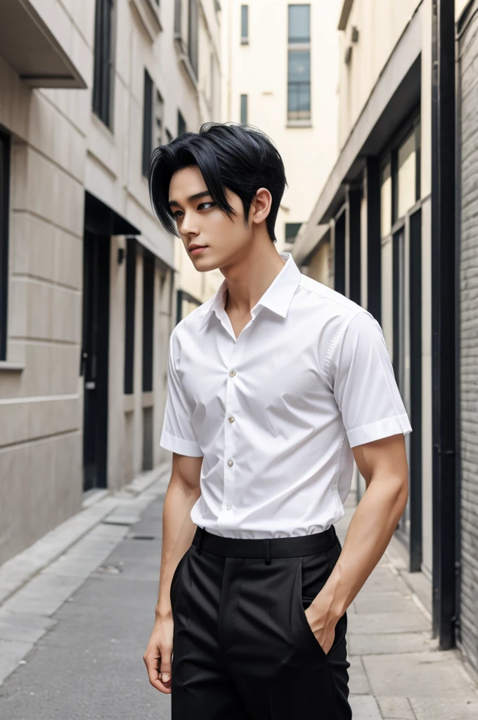 Gender male black hair anime white shirt black pants 