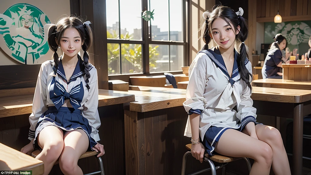 (masterpiece:1.2, Highest quality), (Realistic, photoRealistic:1.4), Beautiful illustrations,
View your viewers, avert your eyes, whole body,
1 Girl, Japanese, high school girl, (Long Hair:1.4), bLong Hair, (Twin tails:1.7), Large Breasts:0.8, White skin、Beautiful Hair, Beautiful Face, Beautiful attention to detail, Beautiful clavicle, Beautiful body, Beautiful breasts, Beautiful thighs, Beautiful feet,
(Beautiful views), , classroom, machine, Chair,
((cute , Long sleeve, Pleated skirt, Sailor collar, scarf)), White panties, shoes,
Sitting, Chairに座る,
(魅惑的なsmile, Embarrassing, Trembling),
(((((Inside the Starbucks store、16 year old girl in sailor suit)))))、((((Eat cake、Drink coffee、smile))))、Heart Necklace(((Emphasize cleavage)))
(whole body写真)