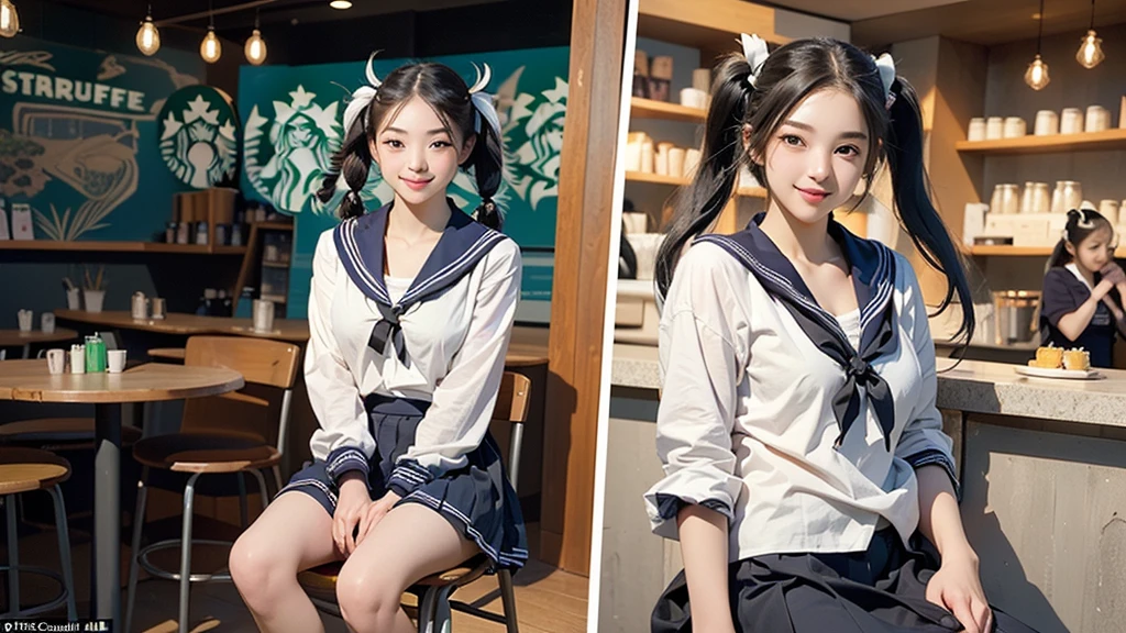 (masterpiece:1.2, Highest quality), (Realistic, photoRealistic:1.4), Beautiful illustrations, 
View your viewers, avert your eyes, whole body,
1 Girl, Japanese, high school girl, (Long Hair:1.4), bLong Hair, (Twin tails:1.7), Large Breasts:0.8, White skin、Beautiful Hair, Beautiful Face, Beautiful attention to detail, Beautiful clavicle, Beautiful body, Beautiful breasts, Beautiful thighs, Beautiful feet, 
(Beautiful views), , classroom, machine, Chair, 
((cute , Long sleeve, Pleated skirt, Sailor collar, scarf)), White panties, shoes, 
Sitting, Chairに座る, 
(魅惑的なsmile, Embarrassing, Trembling),

(((((Inside the Starbucks store、16 year old girl in sailor suit)))))、((((Eat cake、Drink coffee、smile))))、Heart Necklace(((Emphasize cleavage)))
(whole body写真)
