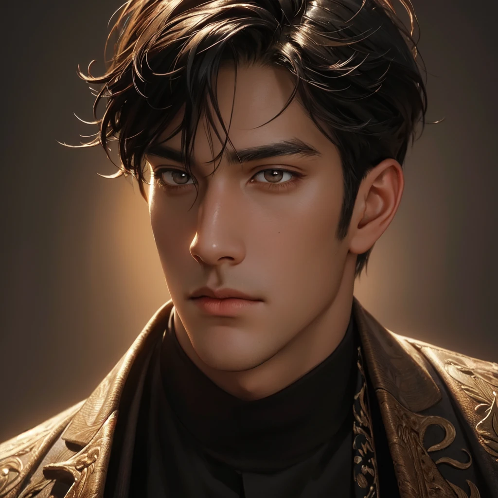 handsome man, black hair, brown eyes, kind expression, 1 man, realistic portrait, oil painting, extremely detailed face and eyes, intricate details, masterpiece, cinematic lighting, dramatic shadows, warm color palette, photorealistic, 8k, hyper detailed