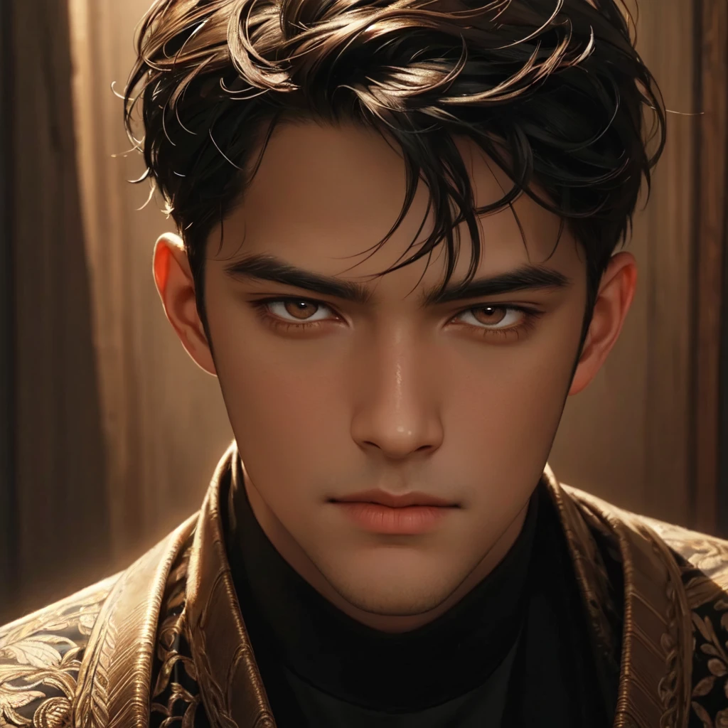 handsome man, black hair, brown eyes, kind expression, 1 man, realistic portrait, oil painting, extremely detailed face and eyes, intricate details, masterpiece, cinematic lighting, dramatic shadows, warm color palette, photorealistic, 8k, hyper detailed