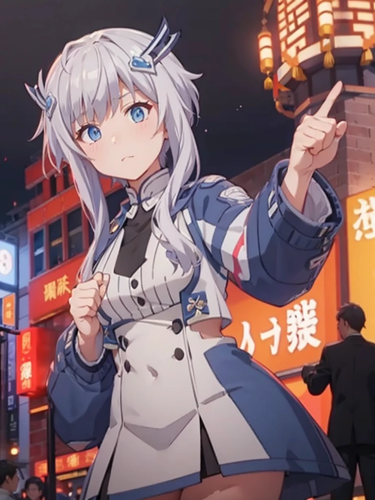 MishaNecron, short hair with long locks, solo, Chinese clothes, gray hair, gray thighs, hair decoration, faint smile, cute pose, finger heart, yo, china, upper body, fighting pose,, blue eyes, long sleeves, score_9, score_8_up, score_7_up, score_6_up, source_anime, Shanghai street, cinematic lighting,