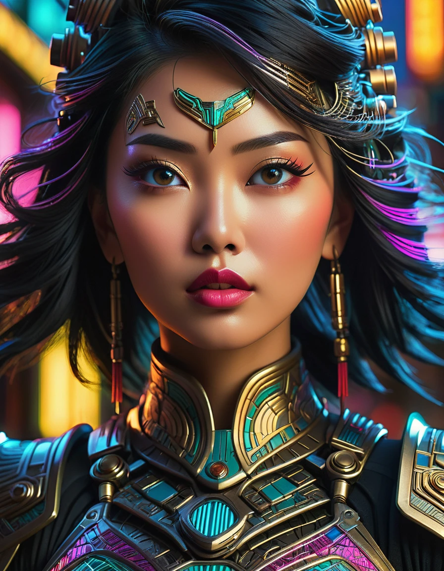 a beautiful busty asian woman,detailed face,beautiful detailed eyes,beautiful detailed lips,extremely detailed face and eyes,longeyelashes,intricate futuristic art deco style armor,glowing neon cyberpunk elements,dynamic dramatic lighting,highly detailed,photorealistic,8k,masterpiece,cinematic,dramatic color palette,vibrant colors