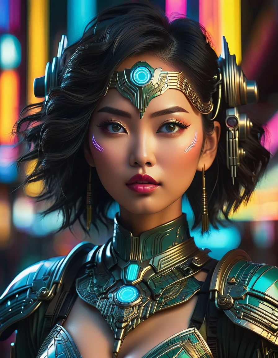 a beautiful busty asian woman,detailed face,beautiful detailed eyes,beautiful detailed lips,extremely detailed face and eyes,longeyelashes,intricate futuristic art deco style armor,glowing neon cyberpunk elements,dynamic dramatic lighting,highly detailed,photorealistic,8k,masterpiece,cinematic,dramatic color palette,vibrant colors