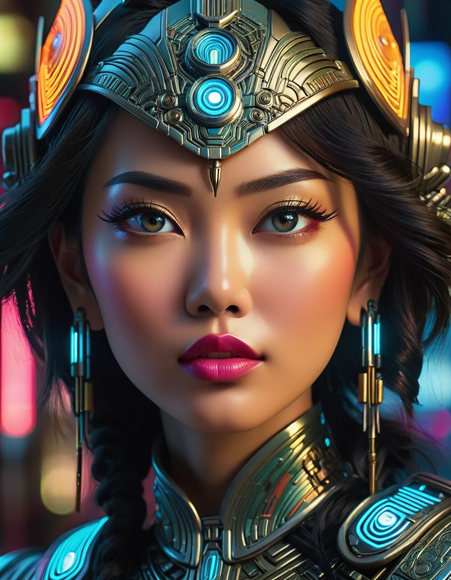 a beautiful busty asian woman,detailed face,beautiful detailed eyes,beautiful detailed lips,extremely detailed face and eyes,longeyelashes,intricate futuristic art deco style armor,glowing neon cyberpunk elements,dynamic dramatic lighting,highly detailed,photorealistic,8k,masterpiece,cinematic,dramatic color palette,vibrant colors