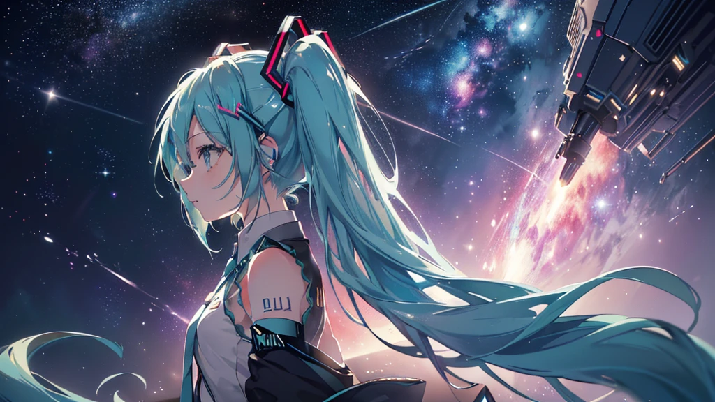 ((Space Galaxy Background)), ((Beautiful eyes)), (((Hatsune Miku))), (((Highest quality、masterpiece、Ultra-fine、Ultra-fine、Exquisite、16K、Full HD,high school girl,))) 、(((profile、Looking up))),Long eyelashes、White skin、(thin and long)、 ((cute)) ((One person)) 、night