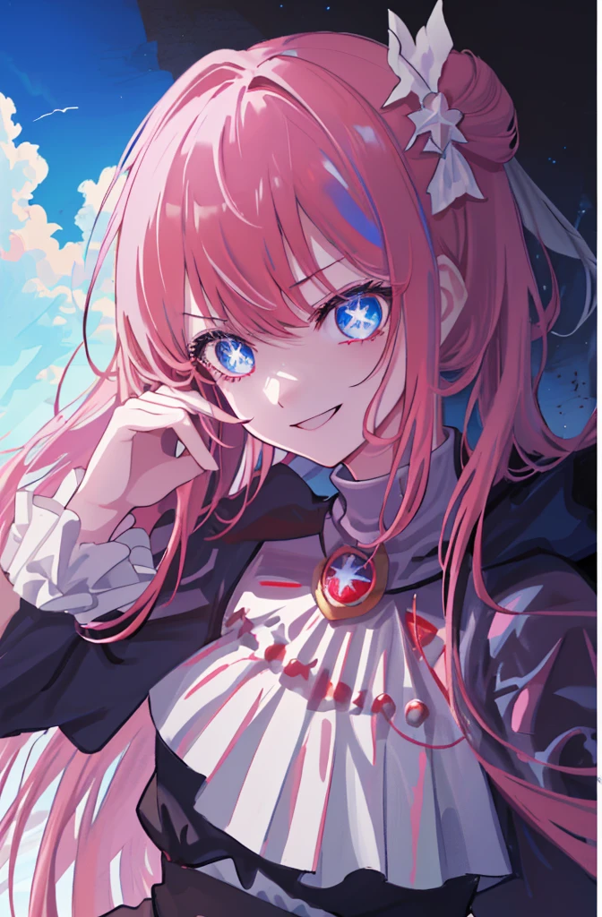 [(conversation room Background:1.4)::5],Original,(Illustration:1.1),(Best Quality),(masutepiece:1.1),(the Extremely Detailed CG Unity 8K Wallpapers:1.1), (Colorful:0.9),(mid-shot:0.95),(very detailed beautiful upper body),Dynamic Angle,(Solo:1.2), (girl),(((Adult))), (Detailed beautiful eyes:1.15), (Beautiful face:1.15), (glowing sky blue eyes:1.25////),(jewely eyes),(pink medium hair),(Blunt bangs),(half updo),(Red Star Hairpin),(+perfect hand+:1.21),(Draw an illustration of a fantasy girl),(Religious),(Wearing fantasy knight clothes),(white knight),(Contempt and contempt),Furious,(Beautiful Slender Girl),((Adult)),((furious laugh)),((evil smile)),((upper body)),