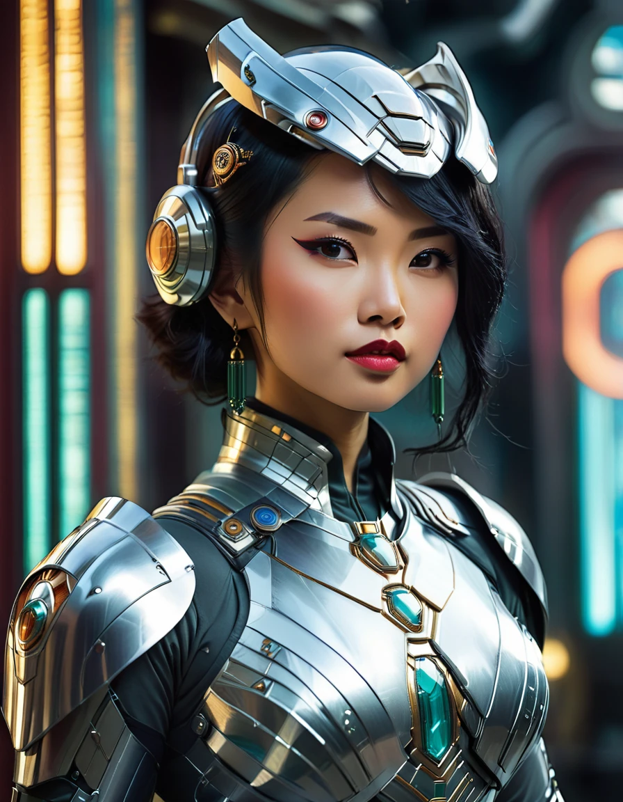 beautiful busty Asian woman sci-fi future art deco armor