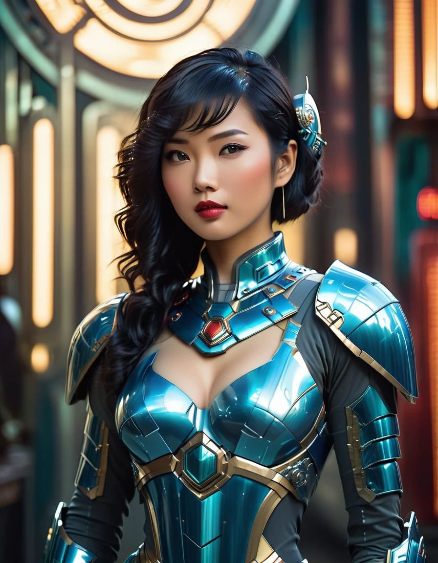 beautiful busty Asian woman sci-fi future art deco armor