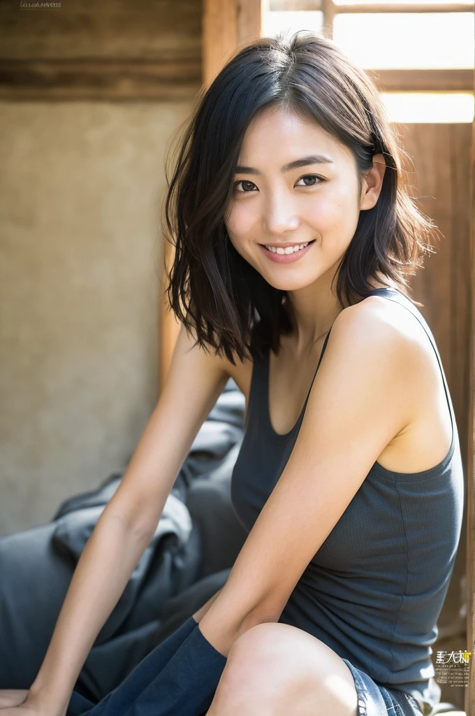 You are a professional photographer。future、Beautiful Eyes、 ((Highest quality)), Clear contours, Woman with beautiful face, (((One Girl,alone))), ((Beautiful Eyes)), Sex Appeal,Albedo and Specular Maps、Accurate simulation of lightweight material interactionr.々A woman who takes a pose, Thin tank top,Complex Tank Top Light Smile、Thighs、Thighs、