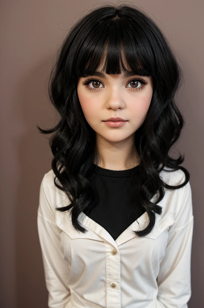 Blythe doll with short wavy black hair and bangs. Wearing long sleeved black shirt and hazel eyes. Mascara. Beauty mark on lower left side of mouth.