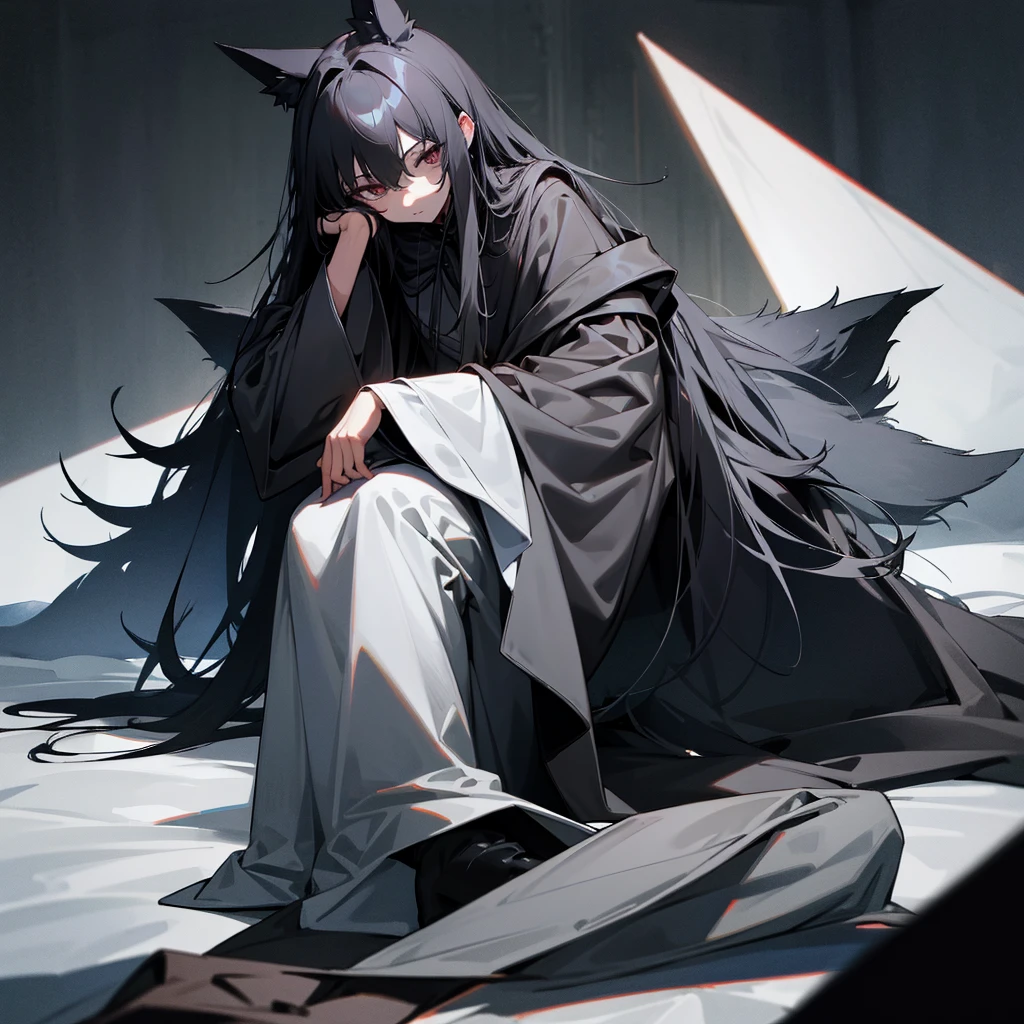 1 humanoid wolf long coat dark eyes sitting black snout shiny hair gray fur